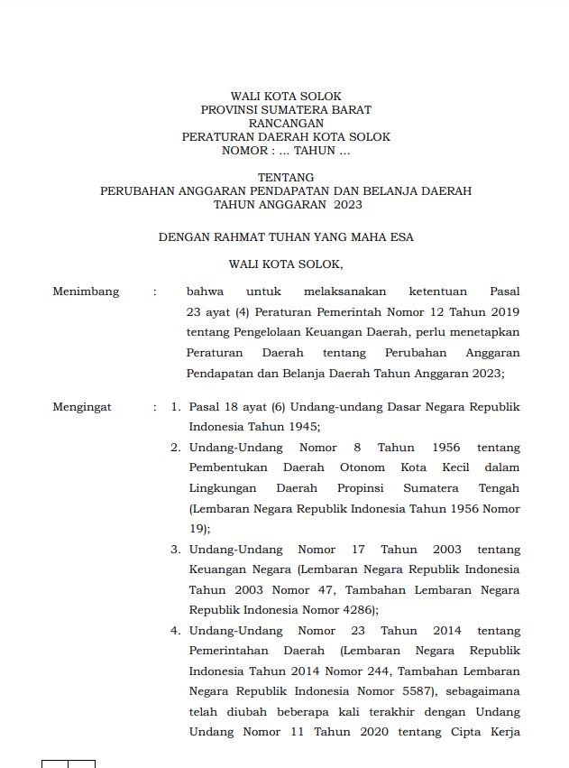 Rancangan Perda Tentang Perubahan Anggaran Pendapatan ta 2023